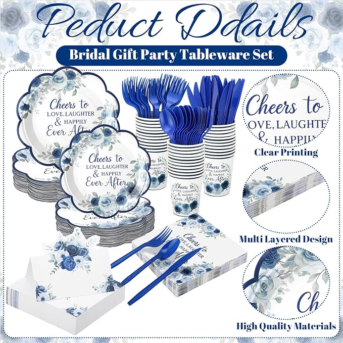 Shellwei 410 Pcs Blue Floral Wedding Decorations Elegant Floral Paper Plates and Napkins Set Disposable Party Tableware Sets with Cups Knives Forks Spoons Seat Card Favors for 50 Guests