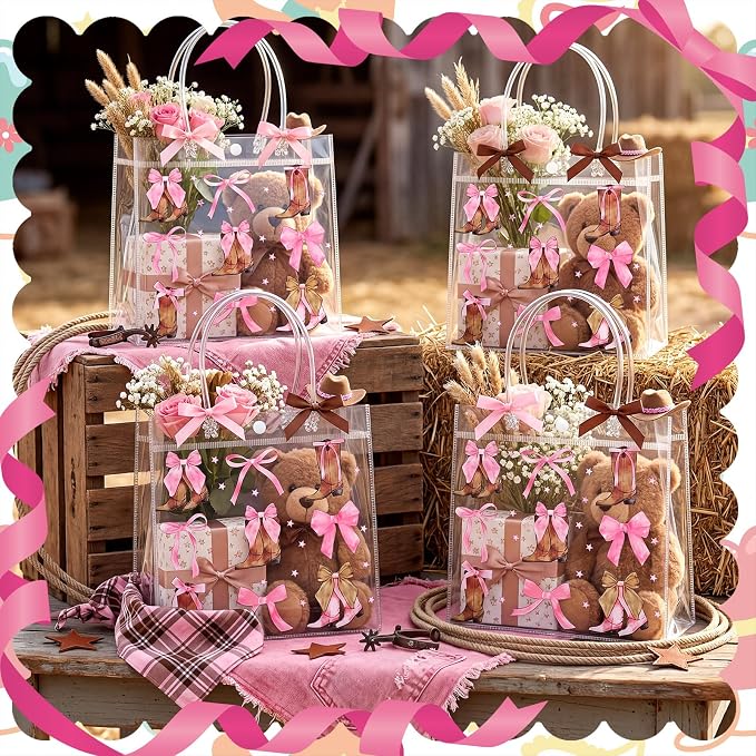 Teenyyou 24 Pcs Coquette Cowgirl Clear Gift Bags Western Boots and Pink Bow Print Transparent Tote Bags, Reusable PVC Handbags for Cowgirl Theme Party, Bachelorette, Birthday, Bridal Shower