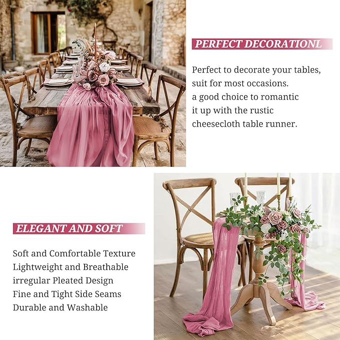 Pesonlook 16 Pack Cheesecloth Table Runner, 13Ft Boho Gauze Table Runner 35×157 Inch Rustic Romantic Long Table Runner for Wedding Party Bridal Shower Thanksgiving Christmas Decoration(Dusty Rose)