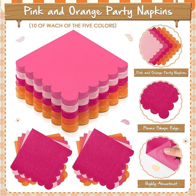 Zhehao 150 Pcs Pink and Orange Plates and Napkins Tableware Serves 50 Includes 9 Inch 7 Inch Pink and Orange Scalloped Paper Plate and Napkins for Wedding Birthday Baby Shower Party
