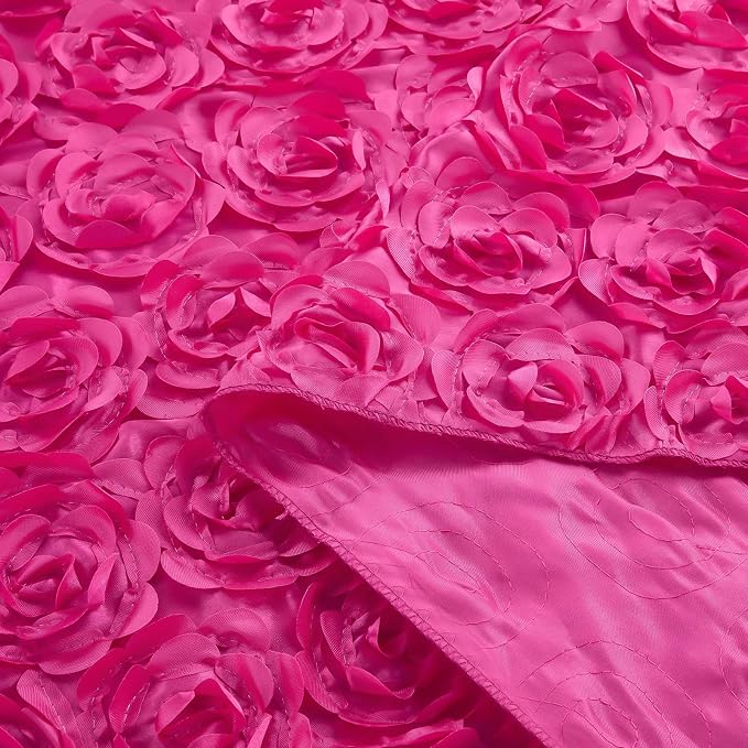 Fanqisi Hot Pink Rosette Tablecloth: 50x102 Inches Wedding Tablecloth - Party Satin 3D Floral Table Cover for Baby Shower Decorations