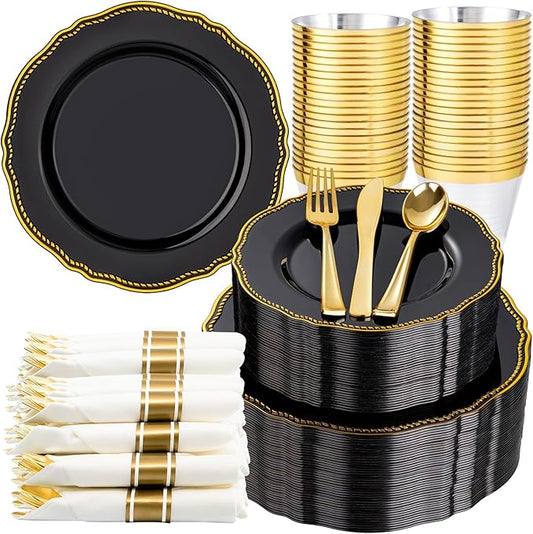 Hioasis 350pcs Black and gold Plastic Plates - Gold Plastic Dinnerware Set Includes 50 Dinner Plates, 50 Dessert Dinnerware, 50 Cups, 50 Rolled Napkin Cutlery Perfect for Wedding & Party