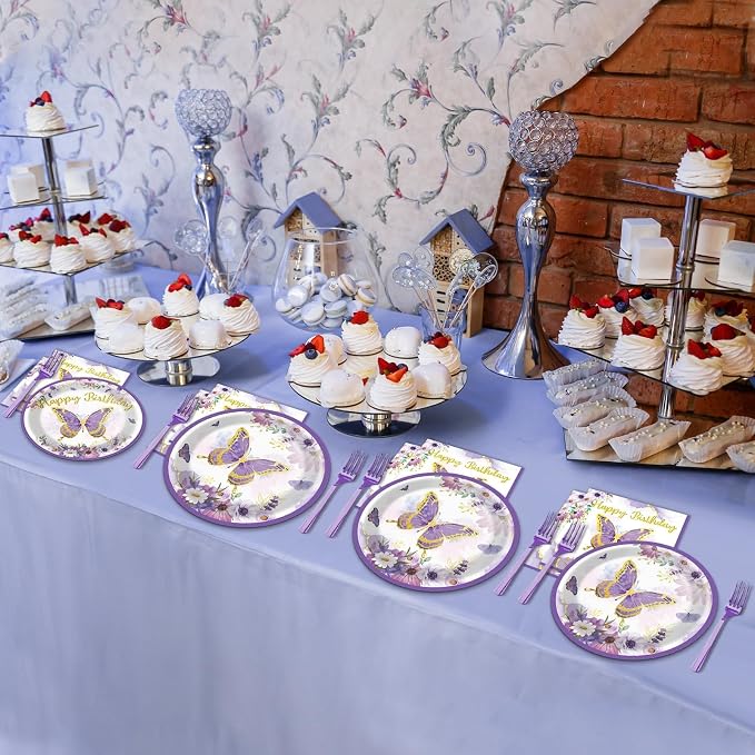 ZOIIWA 96 PCS Purple Butterfly Birthday Party Tableware Set - Butterfly Themed Party Decorations, Plates, Napkins, Forks for Girls, Women, Baby Shower Favors
