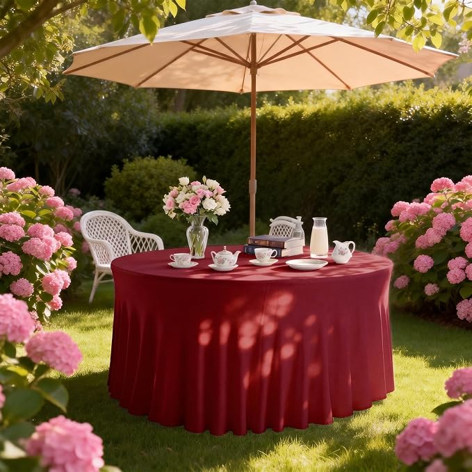 10 Pack Red Round Spandex Tablecloths for 60in Tables, 120 Inch Stretch Fitted Table Skirts, Wrinkle-Free Washable Polyester Covers for Wedding, Banquet & Party
