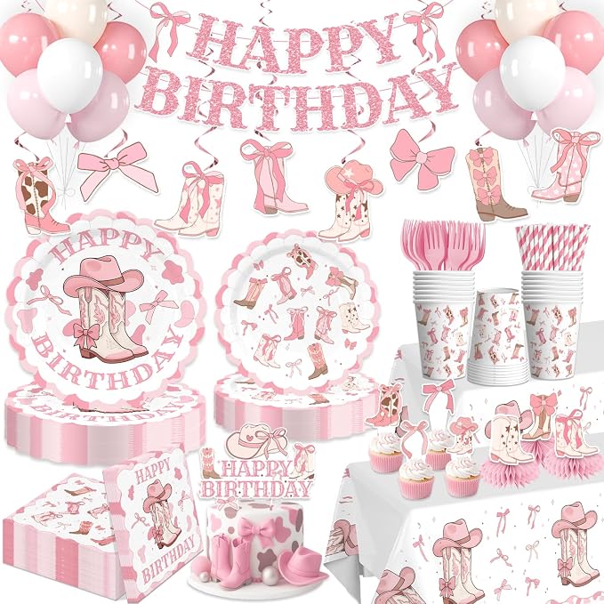 Xynic 213pcs Boots and Bows Party Decorations, Convenient Paper Tableware Set Includes 50pcs 350gsm Plates 24pcs Cupcake Toppers and 2 Pcs Tablecloths, Cowgirl Birthday Party Decorations for Girl