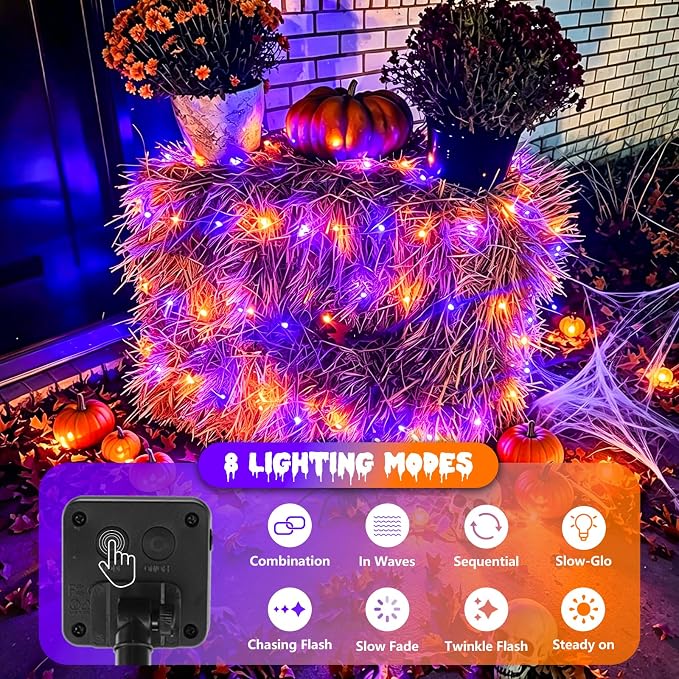 QITONG 4 Pack Solar Halloween Lights, Each 33ft 100 LED Orange and Purple Fairy Lights Outdoor Waterproof, 8 Modes Copper Wire Solar String Lights