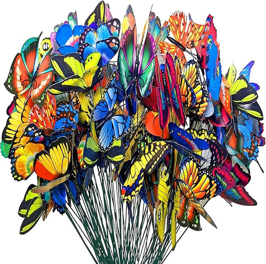 Antallcky 100pcs Butterfly Stakes Outdoor Yard Planter Flower Pot Bed Garden Decor Butterflies Christmas Decorations, Artificial Butterflies on Metal Wire Plant Stake Stems-Multicolor