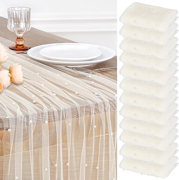 LuoluoHouse Pearl Beige Gauze Table Runner: 120 Inch 10FT Seasonal Sheer Dining Holiday Wedding Birthday Baby Shower Table Decor for Home Parties