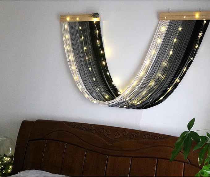 Macrame Fairy Lights Battery Operated with Remote & Timer, Black Grey | Handwoven Wall Hanging with 20ft 100 LEDs Warm White Timer String Lights for Bedroom,Living Room,Party,Wedding,Christmas Deco