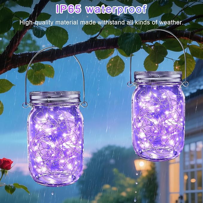 Mason Jar Solar Lights 30 LED Outdoor Solar Firefly Lights,Solar Fairy Lids Lights（No Jars）,Waterproof Lantern Mason String Solar Lights with Hangers for Regular Mouth Jars (12pack-Purple)
