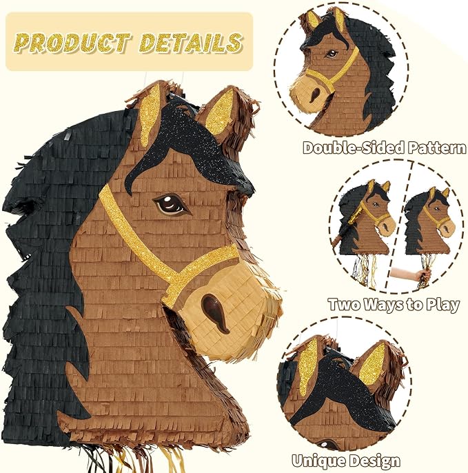 WERNNSAI Horse Piñata - Brown Horse Party Decorations Hanging Cowboy Piñata with Blindfold and Bat Western Cowboy Party Favors for Kids Boys Classroom Activities Kentucky Derby Games