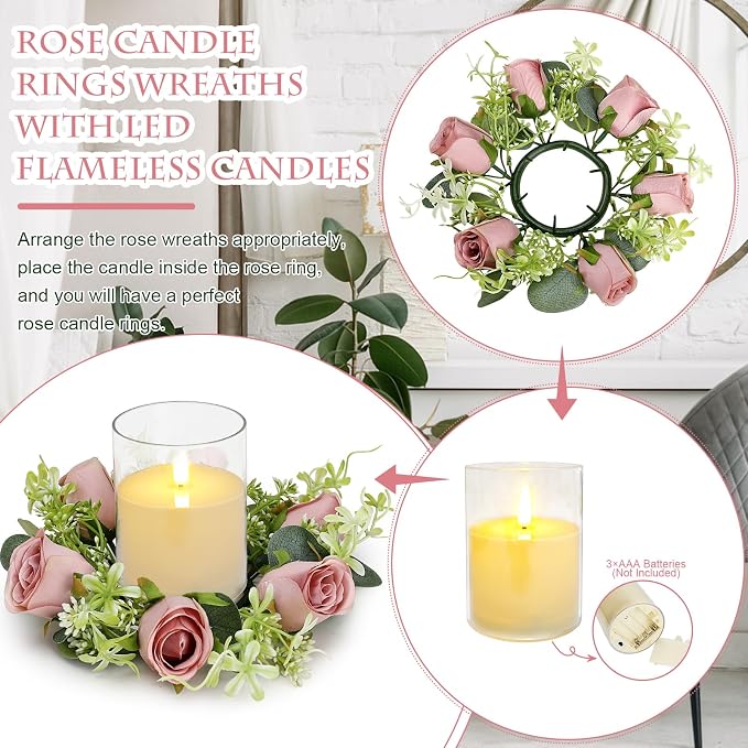 12 PCS Roses Candle Rings Wreaths - 3 Inch Artificial Floral Rings with LED Flameless Candles Eucalyptus Leaves for Spring Banquet Table Centerpieces Home Wedding Party, Dusty Pink