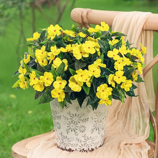 Fake Flowers Artificial Flowers for Outdoor，Artificial Impatiens Bouquet Flowers for Outdoors，Spring Flowers Artificial Impatiens Outdoor Silk Fake Flowers Indoor Decor 4PCS (Yellow)