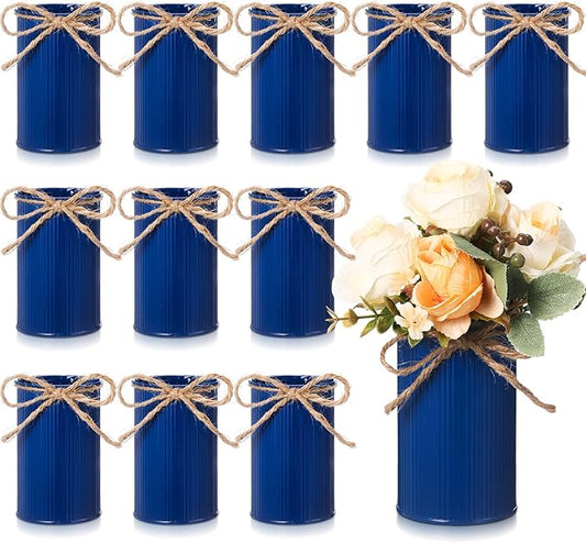 Rustic Vase for Table Centerpieces 4.33 Inch Small Petite Flower Vase with Twine Bow Vintage Farmhouse Decor for Wedding Reception Dining, Home Galvanized Metal Buckets(Dark Blue,12 Pcs)