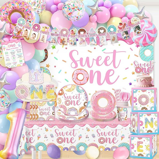 252pcs All-In-One Sweet One Birthday Party Decorations Set Include Sweet One Balloon Arch Tableware Balloon Box High Chair Banner Backdrop, etc. for 1st Birthday Decorations Girl, Serves 20