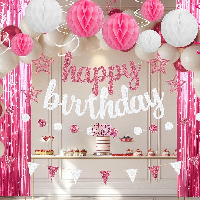 Pink Birthday Party Decorations Set - Pink and White Happy Birthday Banner Balloons Foil Curtains Hanging Swirls for Girls Birthday Party Supplies