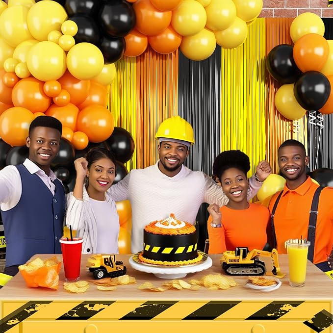 Construction Balloon Garland Arch Kit Birthday Party Decorations Supplies, Yellow Orange Black Foil Fringe Curtains Backdrop Tinsel Streamer Photo Booth Props Truck Car Themed Party Decor