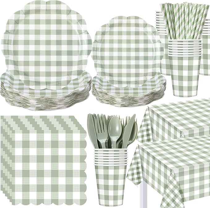 Funnymoom 452 Pcs Sage Green Gingham Party Supplies for 50 Guests, Green Gingham Paper Plates Napkins Cup Tablecloth Disposable Tableware for BBQ Picnic Birthday Baby Shower Wedding Party Decoration