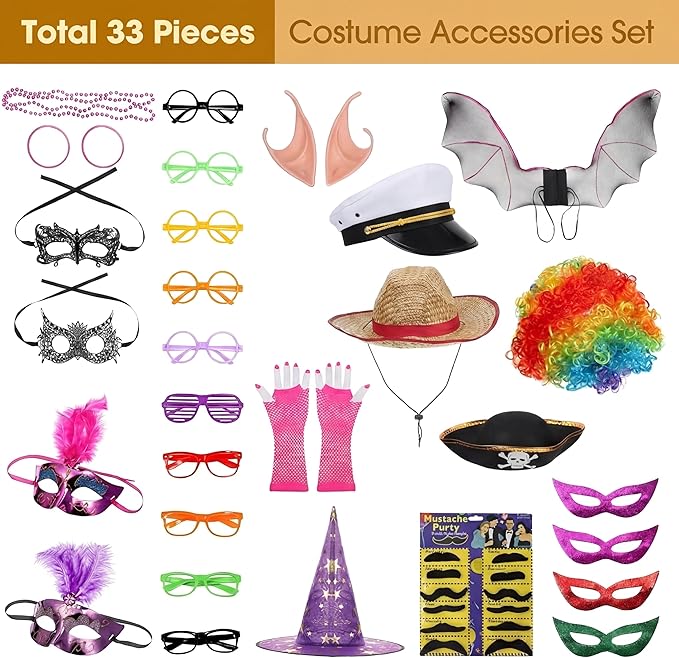 Landhoow 33 Pcs Funny Photo Booth Party Assorted Photo Booth Kit Props Costume Accessories Set, Captain Hat Funny Glasses for Wedding Props Birthday Parties Family Photos Booths Carnival Party