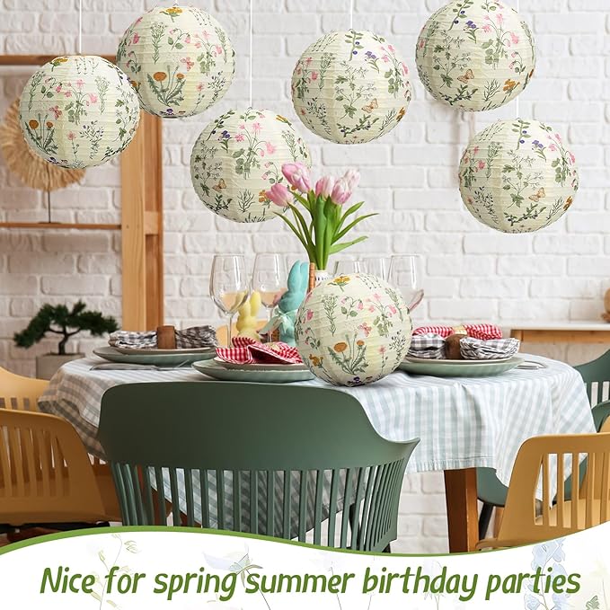 Honoson 12 Pcs Wildflower Paper Lanterns Spring Floral Wildflower Party Decorations Hanging 10 Inch Chinese Lanterns for Wedding Bridal Shower Baby Shower Tea Party Decorations