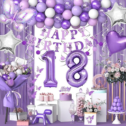 18th Purple Birthday Decorations for Girls, Purple Pink 18th Birthday Decorations Butterfly Theme Lavender Party Decor Set with Number Balloons, Banner, Sash, Butterfly Stickers