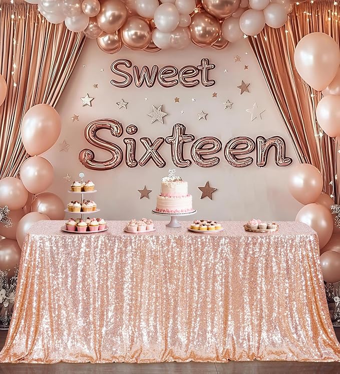 Juya Delight 60" x 102" Sequin Tablecloth Rose Gold Rectangle Sparkly Table Cover for Birthday Party Banquet Wedding 6ft Tables