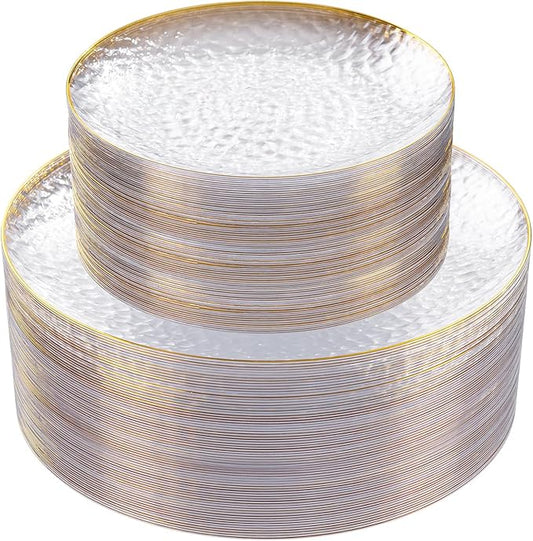 Rubtlamp 60Pcs Clear Plastic Plates,Clear Disposable Plates With Gold Rim,Heavy-duty Gold Plates,Hammered Party Plates Include 30Clear Dessert-Platos,30Dinner-Platos for Wedding, Party