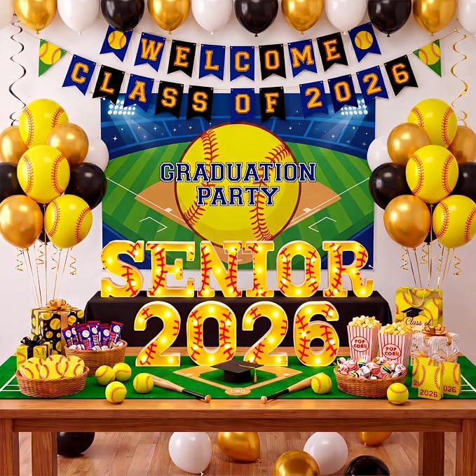 Honoson 10 Pcs Softball 2026 Senior Night Decorations Lights up 2026 Senior Sign Softball Graduation Theme Party Lights for High School College Grad Party Supplies