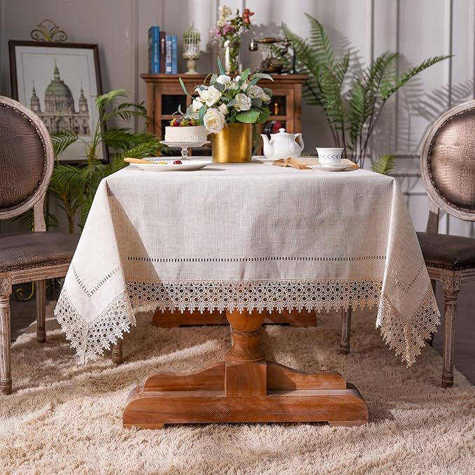 ARTABEL Cut Work Table Cloths with Lace Laser Die-Cut Exquisite Vintage Shabby Chic for Holiday Wedding Long Dinner Tables (Stone, 60 x 84 Inch)