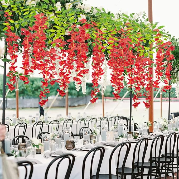 AITISOR 24 Pack Artificial Fake Wisteria Vine Ratta (3.75 Feet) Hanging Garland Silk Flowers String Home Party Wedding Decor (Red)