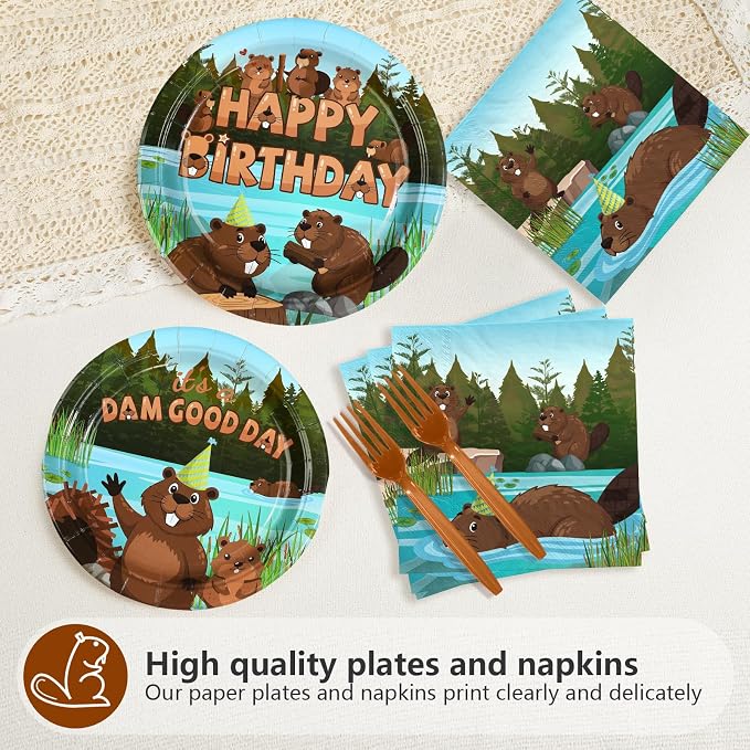 96Pcs Beaver Birthday Party Supplies Cute Cartoon Beaver Plates and Napkins Brown Wild Animal Disposable Tableware Sets for Kids Baby Shower Birthday Castor Jungle Animal Party Decorations, Serves 24