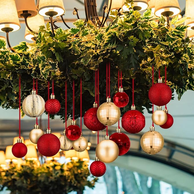 36 Pcs Christmas Balls Ornaments for Ceiling, 1.6'' 2.4'' 3.2'' Large Big Shatterproof Christmas Hanging Decorations Balls for Tree Xmas Holiday Party Indoor(Red, Gold)