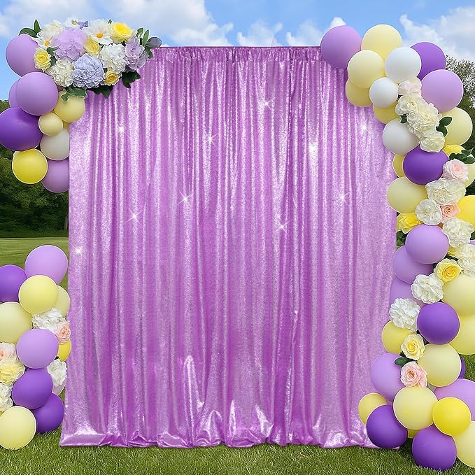 SquarePie 7x7ft Lavender Sequin Backdrop for Photography, Satin-Backed Real Sequin Curtain, Enhanced Coverage Shimmering Background with 4" Rod Pocket for Wedding, Birthday, Party Decor, 1 Panel