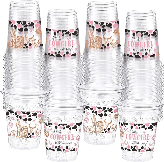 Funnymoom 60 Pack Cowgirl Baby Shower Plastic Cups 12 oz a Little Cowgirl Is on the Way Western Disposable Clear Plastic Drinking Cups for Wild West Rodeo Baby Shower Decoration Supplies