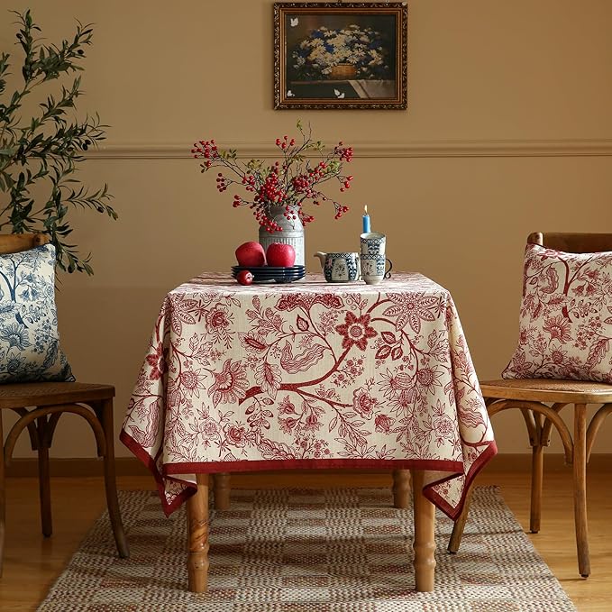 ISAENNE Designer French Linen Square Tablecloth,67"x67"-Ruyi A | Vintage Elegant Table Cloth for Square Table,Red Floral Pattern,Decoration,Heavyweight,Dining Room,Kitchen,Thanksgiving