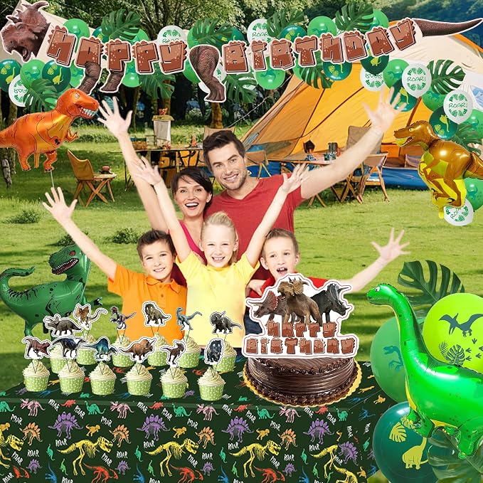 Dinosaur Themed Birthday Party Decoration Kit - Includes Backdrop, Tablecloth, Birthday Banner, Cake/Cupcake Toppers, Hanging Swirls, Disposable Tableware Set, Latex and Foil Balloon(Triceratops)