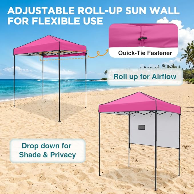 EAGLE PEAK 6x4 Instant Pop Up Canopy Tent with 1 Half Wall Panel, Straight Leg Sun Shelter, Portable Canopy with Carry Bag for Camping, Beach & Sports, Pink