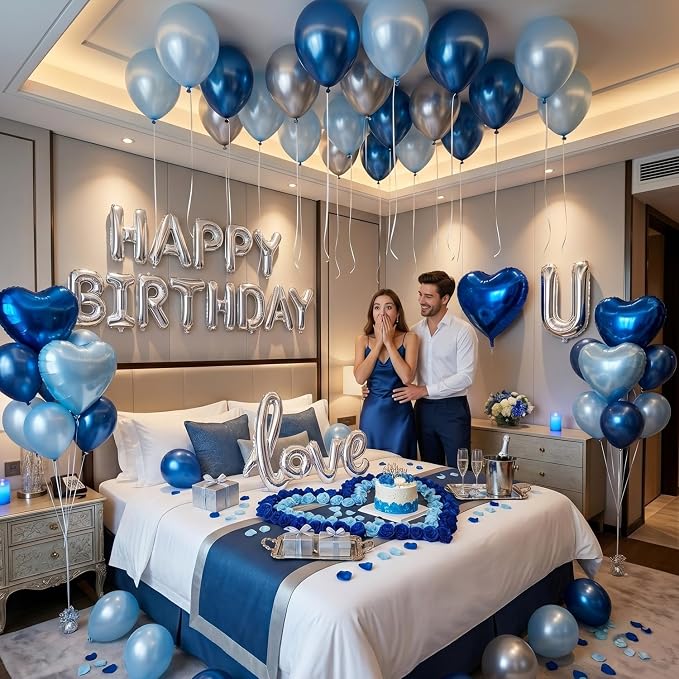 Blue Silver Birthday Decorations with LED Candles, Happy Birthday Balloons, Love Balloon, Rose Petals, Hotel Birthday Room Decorations for Men Women, Anniversary Surprise Decorations for Him Her