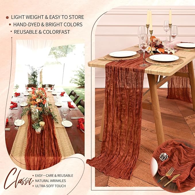 10 Pack Terracotta Cheesecloth Table Runner 10FT Fall Boho Gauze Cheese Cloth Table Runners Romantic Rustic Sheer Table Decorations for Wedding Party Baby Shower Birthday Holiday Home