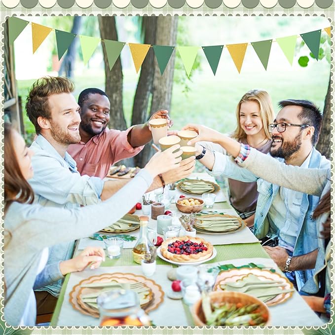 Mimorou 342 Pcs Sage Green Party Supplies Green Tableware Paper Disposable Plates Napkins Cups Plastic Tablecloth Sage Golden Triangle Banner for Wedding Bachelorette Birthday