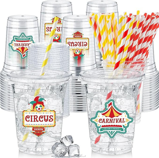FoldTier 50 Pcs Carnival Party Plastic Cups 12 oz Disposable Plastic Cups with Straws and Lids Circus Clear mug Birthday mugs Supplies Birthday Table Decorations Party Favor