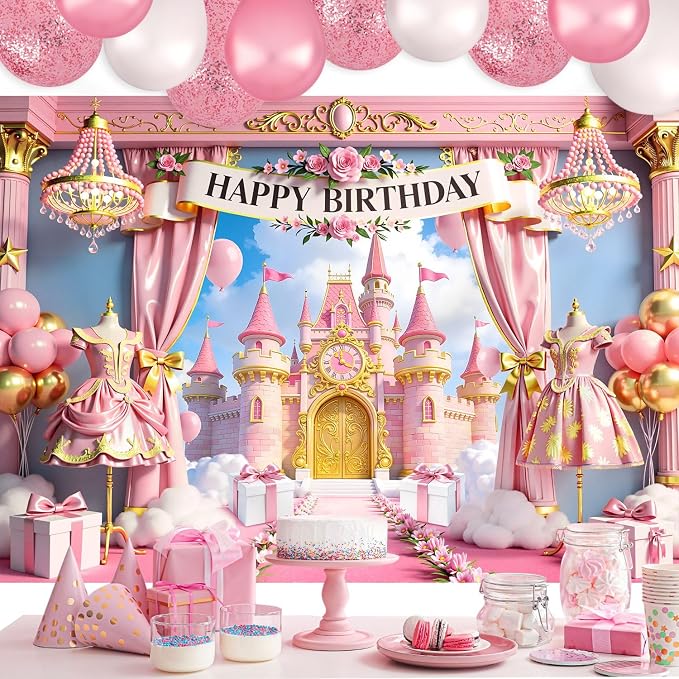 Princess Castle Happy Birthday Backdrop 7Wx5H Feet Polyester Fabric Pink Goled Balloons Pastel Cloudy Sky Cute Fantasy Decoration Girly Beautiful Photography Background Photo Shoot Props