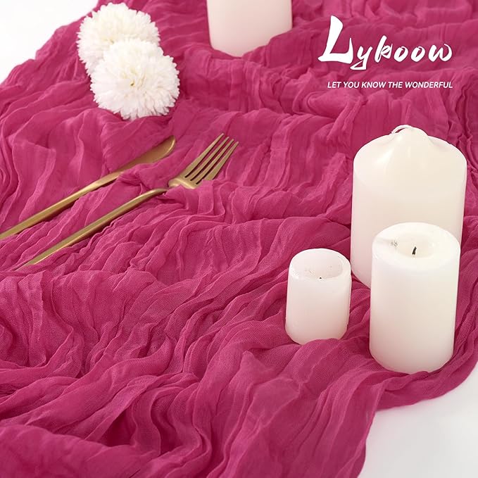 10 Packs Cheesecloth Table Runner, 10Ft x 35" Rose Red Rustic Gauze Boho Wedding Table Decor, Hot Pink
