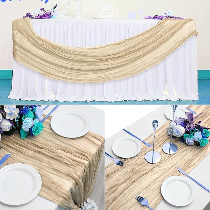 15 Pack Beige Cheesecloth Table Runner 10Ft Rustic Gauze Cheese Cloth Table Runner 35 x120 Inch Romantic Boho Table Runners for Wedding Birthday Party Bridal Baby Shower Engagement Banquet Table Décor