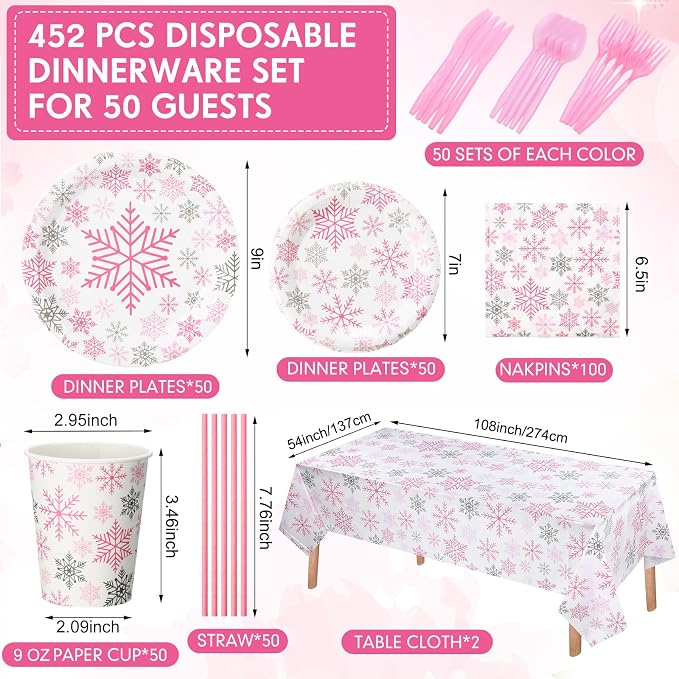 Funnymoom 452 Pcs Pink Snowflake Party Supplies Serves 50, Pink Snowflake Paper Plates Napkins Cups Tablecloth Cutlery Straws for Christmas Winter, Baby Shower Wonderland Birthday Party Decorations