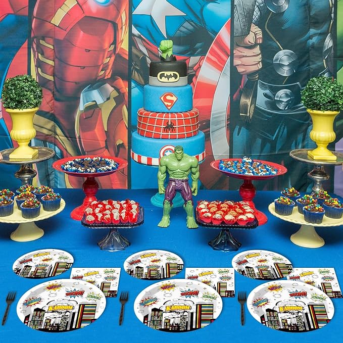 200pcs Super Party Plates Napkins Forks Hero Theme Party Tableware Set Hero Action Sign Party Disposable Paper Dessert Cake Dinnerware Boy Girl Happy Birthday Party Baby Shower Decor Supplies Serve 50