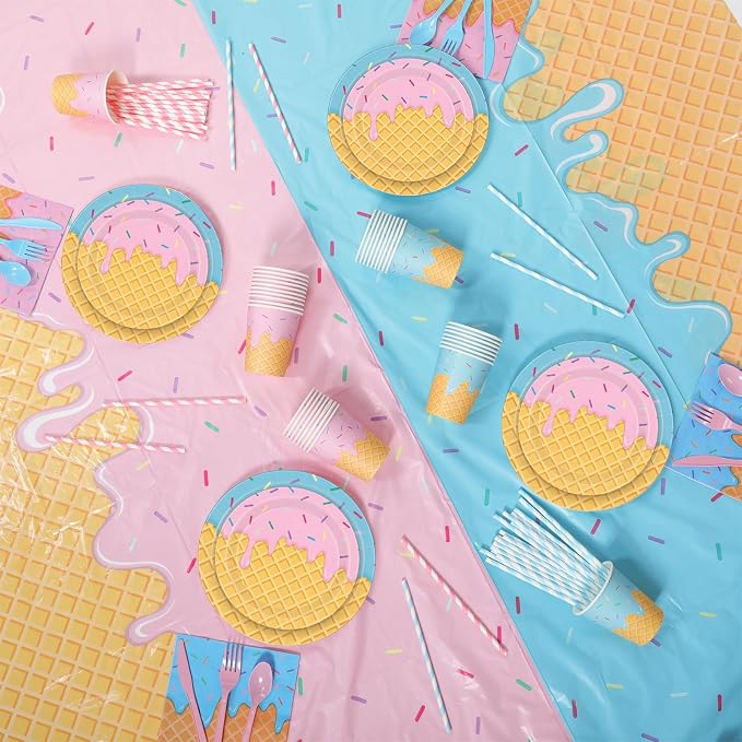 LemonRoad 452 Pcs Ice Cream Party Decorations for 50 Disposable Ice Cream Cone Tableware Set Paper Plate Cup Napkin Tablecloth Fork Straw Spoon Supplies for Birthday Sweet Summer Baby Shower Dinner