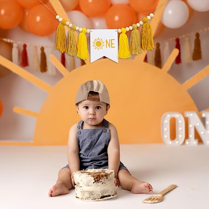 Gostman Sun One Tassel High Chair Banner | First Trip Around The Sun Birthday Party Decoration,Sun Sign First Birthday Party Supplies,Sunshine Highchair Banner