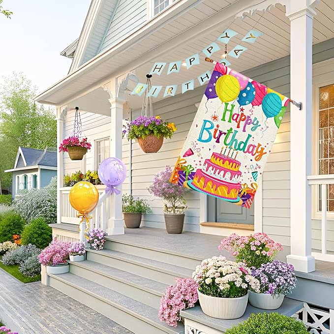 Happy Birthday House Flags 28x40 Double Sided Burlap, Colorful Balloon Cake Toppers Personalized Banner Farmhouse Yard Sign Birthday Party Outdoor Decorations DF576-28
