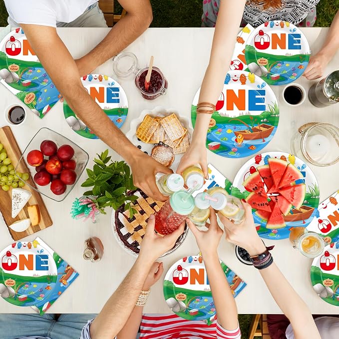 50 GuestsGone Fishing Plates and Napkins Party Supplies Ofishally One Birthday Party Decorations Disposable Tableware Set The Big One Dinnerware Favor for Kids Boys Girls, 200PCS